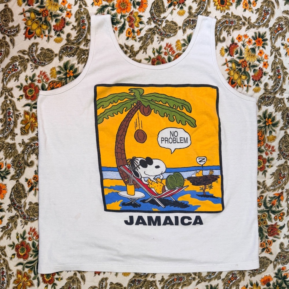 Vtg PEANUTS Snoopy Jamaica Graphic‎ Tank Top XL White Beach Vacation
